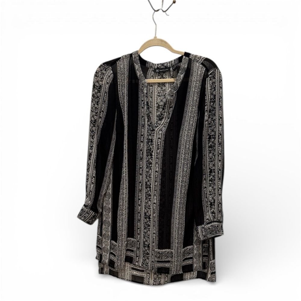 INC International Concepts Black and White Long-Sleeve Sheer Tunic Size Large